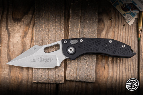 Preowned-Microtech Stitch  Automatic Folding Knife Black Aluminum 3.75" M390 Spearpoint Stonewash