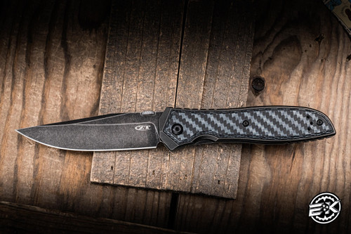Preowned-Zero Tolerance ZT0640WBW Emerson Folding Knife Machined Titanium/Black/White Carbon Fiber 3.75" 20CV Clip Point Black Stonewash