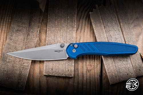 ProTech x Peace Neighbor Avalon Manual Folding Knife Knurled Battleworn Blue Aluminum 4.25" MagnaCut Drop Point Stonewash