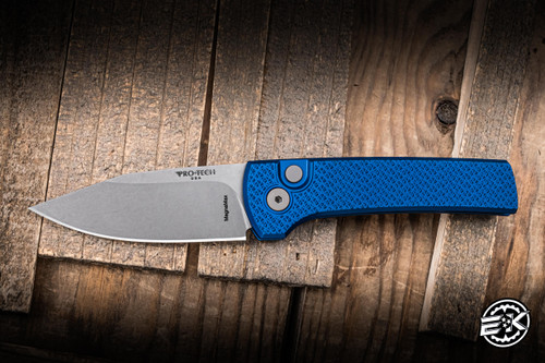 ProTech x Ramon Chaves Scapegoat Compact Automatic Folding Knife Carbide Textured Blue Aluminum 3.15" MagnaMax Clip Point Stonewash