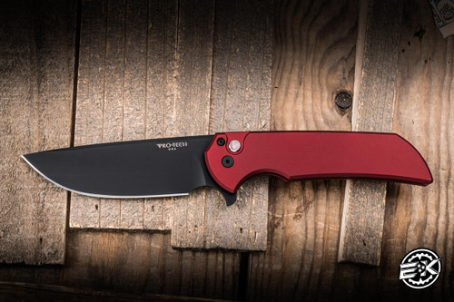 Protech Mordax Manual Flipper Knife Limited Red Aluminum, BLP Button 3.5" MagnaCut Drop Point Black DLC