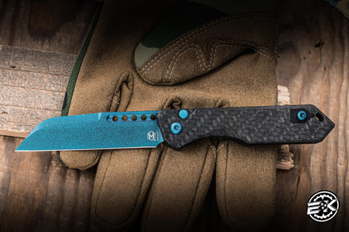 Heretic Knives "Jinn" Automatic Folding Knife Black Carbon Fiber 3" MagnaCut Wharncliffe Metallic Teal H113-MT-CF