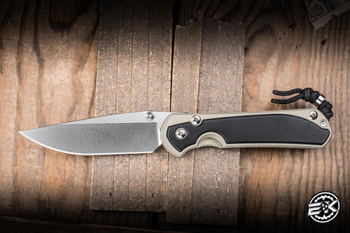 Preowned-Chris Reeve Knives Large Sebenza 31 Folding Knife Champagne Titanium/Black Diamond Richlite Inlay 3.6" MagnaCut Drop Point Stonewash 