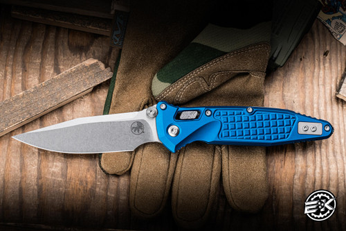Microtech Socom RAM-LOK Folding Knife Blue Frag Aluminum 3.8" M390 Stonewash 160RL-10FRBL