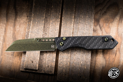 Heretic Knives "Jinn" Automatic Folding Knife Black Carbon Fiber 3" MagnaCut Wharncliffe Metallic Green H113-MG-CF