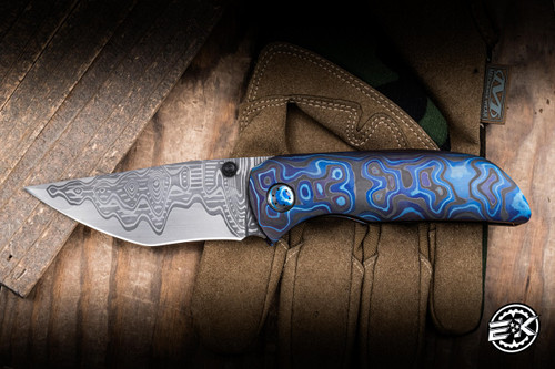 Preowned-Dalibor Bergam Knives Sole Authorship Oberon Mini Folding Knife Dark Daltanium 3.5" Damascus Tanto