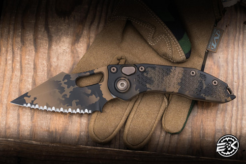 Preowned-Microtech/Borka Blades Stitch Automatic Knife Coyote Camo Aluminum 3.75" M390 Wharncliffe Camo Cerakote Serrated 169-3CCS