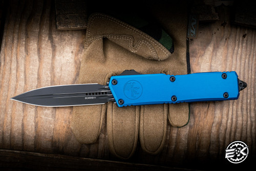 Microtech Executive Scarab II Gen III OTF Automatic Knife Blue Aluminum 4" M390 Dagger Black 1175-1T