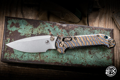 Microtech Marfione Select LUDT Ram-LOK Folding Knife Flamed Slab Titanium, Blue Ti Accents 3.4" M390 Clip Point Stonewash 1135RLS-10MS4