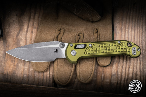 Microtech LUDT Ram-LOK Folding Knife OD Green Frag Aluminum 3.4" M390 Clip Point Apocalyptic Stonewash 1135RL-10APFROD