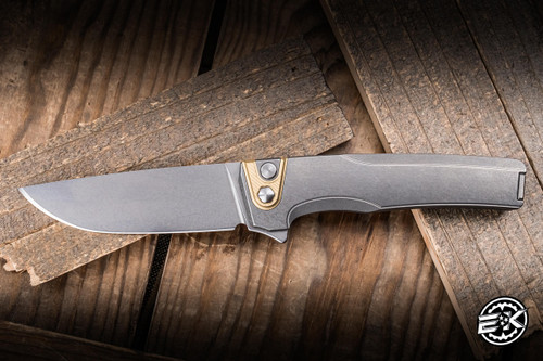 MachineWise Sonora Button Lock Folding Knife Titanium, Gold Accent 3.35" S90V Drop Point Stonewash 2228