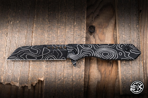 Heretic Knives Jinn Button-Lock Flipper Knife Black/White Topo Aluminum 3" MagnaCut DLC H213-TOPO