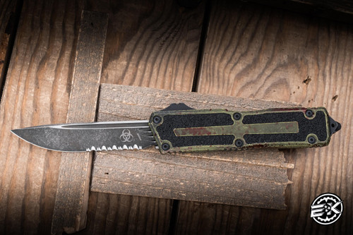 Microtech Scarab II Gen III OTF Automatic Knife Outbreak Aluminum 4" M390 Drop Point Serrated 1278-2OBS