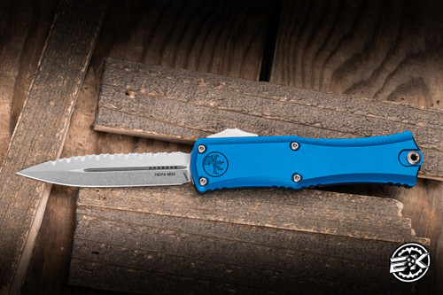 Microtech Hera II Mini OTF Automatic Knife Blue Aluminum 3" M390 Stonewash Dagger Serrated 1702M-12BL