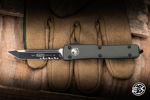 Preowned-Microtech UTX-70 OTF Automatic Knife Green Aluminum 2.4" 204P Tanto Black Serrated 149-2OD
