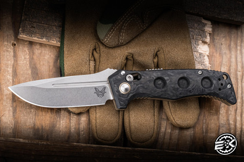 Preowned-Benchmade Mini Adamas Automatic Axis Marbled Carbon Fiber 3.25" MagnaCut Stonewash 2730-03