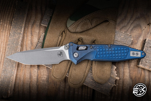 Microtech Marfione Select Socom RAM-LOK Manual Folding Knife Antique Blue Frag Titanium 4" M390 Tanto Apocalyptic 161RL-10APFRMS7