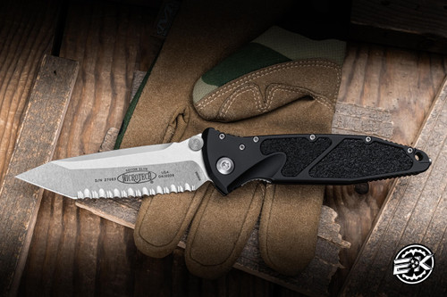 Microtech Socom Elite Manual Folding Knife Black Aluminum/Grip Inlay 4" M390 Tanto Stonewash Serrated 161-12