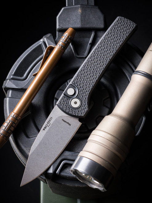 ProTech x Ramon Chaves Scapegoat Compact Auto Knife Carbide Textured Black Aluminum 2.95" MagnaMax Stonewash RCS1105