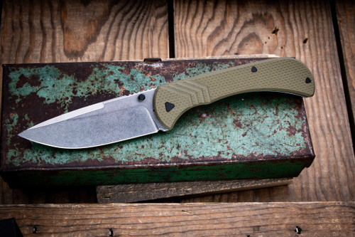 Preowned-Half Face Blades Cav Folder Knife OD Green Textured G10 3.5" MagnaCut Drop Point