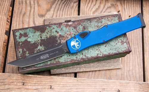 Preowned-Microtech Halo VI OTF Automatic Knife Blue Aluminum 4.4" Tanto Black 250-1DLCBLS