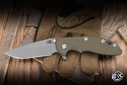 Hinderer Knives XM-18 Flipper Folding Knife Triway OD Green G10/BB Green Titanium 3.5" MagnaCut Spanto Working Finish