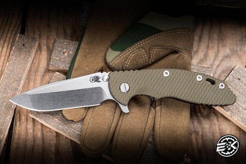 Hinderer Knives XM-18 Flipper Folding Knife Triway OD Green G10/Stonewash DLC Titanium 3.5" MagnaCut Spanto Stonewash