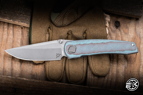 Sharknivco WAKA 4.9 Folding Knife Titanium/Teal CamoQuartz Inlay 3.25" RWL-34 Blasted