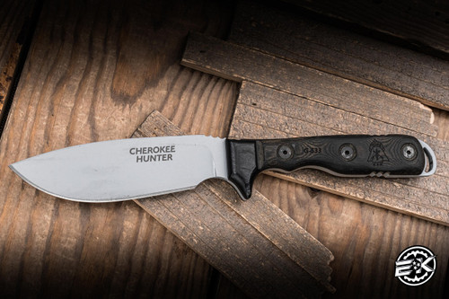 Preowned-TOPS Knives Cherokee Hunter Fixed Blade Knife Black Micarta 4.75" 1095 Drop Point