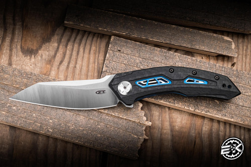 Preowned-Zero Tolerance 0762 Folding Knife Black Carbon Fiber/Blue Accent 3.4" 20CV Reverse Tanto Satin