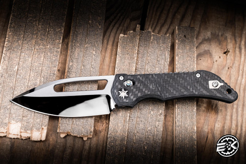 Heretic Knives Custom Koschei Folding Knife Black Carbon Fiber/Abalone Button 3.5" M390 Drop Point Mirror Polish