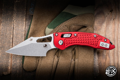 Microtech M-Stitch Ram-LOK Folding Knife Red Frag Aluminum 3" M390 Wharncliffe Stonewash 169MRL-10FRRD