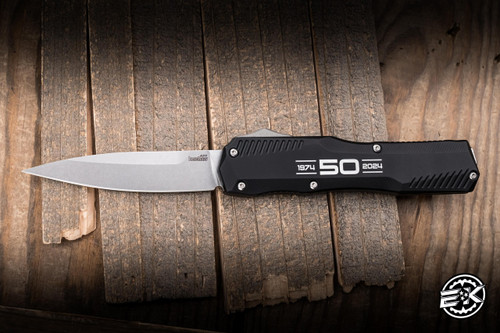 Preowned-Kershaw Livewire Automatic OTF Knife Black Aluminum 3.3" MagnaCut Spear Point Stonewash 9000K50