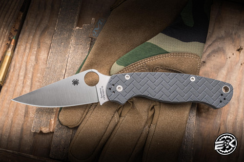Preowned-Spyderco Para Military 2 Folding Knife Dark Grey Brick G10 3.38" REX76 Clip Point Satin C81GDGYRX76P2