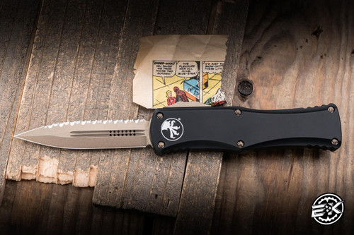 Preowned-Microtech Hera OTF Knife Black Aluminum 3" M390 Dagger Bronze Serrated 702-15