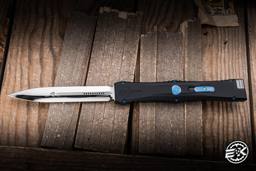 Marfione Custom Nemesis IV OTF Knife Black Alloy/Blue Ti Accents 4.4" M390 Dagger Mirror Polish 1152-MPBKBLTI
