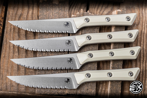 Microtech Kitchen Cutlery Steak Knife Set Ivory G10 4.5" M390 Stonewash Serrated 3600-12SETIV