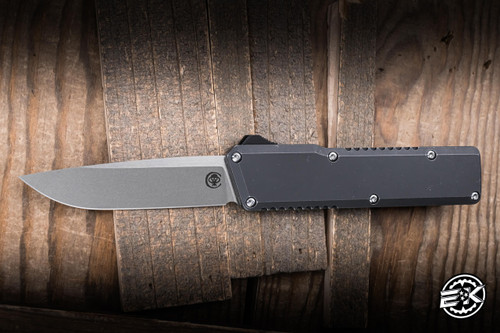 Chaves Knives Dissident OTF Automatic Knife Black Flat Battleworn Aluminum 3.8" M390 Drop Point TT Stonewash