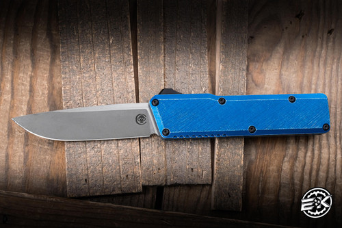 Chaves Knives Dissident OTF Automatic Knife Blue Crosshatch Battleworn Aluminum 3.8" M390 Drop Point TT Stonewash