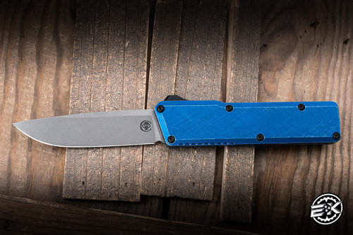 Chaves Knives Dissident OTF Automatic Knife Blue Crosshatch Battleworn Aluminum 3.8" M390 Drop Point Stonewash