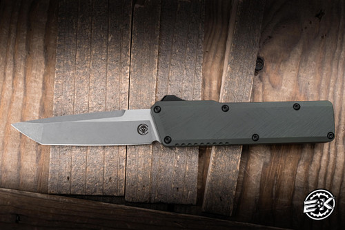 Chaves Knives Dissident OTF Automatic Knife OD Green Crosshatch Petrified Aluminum 3.8" M390 Tanto TT Stonewash