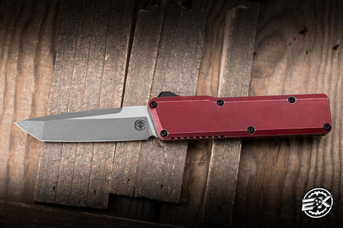 Chaves Knives Dissident OTF Automatic Knife Red Flat Battleworn Aluminum 3.8" M390 Tanto TT Stonewash