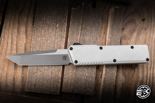 Chaves Knives Dissident OTF Automatic Knife Clear Coat Crosshatch Petrified Aluminum 3.8" M390 Tanto TT Stonewash