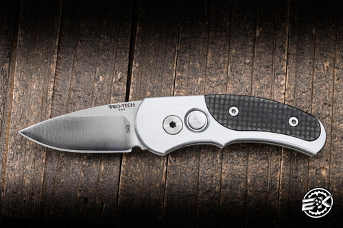 Preowned-Protech Runt J4 Automatic Knife Silver/Black CF Inlay 1.94" 154CM Drop Point Satin 44OOBT