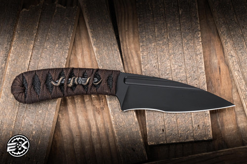 Bastinelli Knives Custom Sin Fixed Blade Knife Brown Tskuka Wrap/Left Bronze Menuki Snake 3.54" N690CO Black PVD