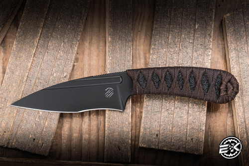 Bastinelli Knives Custom Sin Fixed Blade Knife Brown Tskuka Wrap/Left Bronze Menuki Snake 3.54" N690CO Black PVD