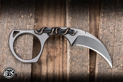 Bastinelli Knives Custom "Diagnostic" Fixed Blade Knife Bronze Snake Menuki 3.5" N690CO Hawkbill Stonewash
