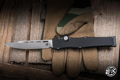 Microtech Marfione Select Halo III OTF Knife Black/Natural Hardcoat Charging 3.8" M390 Clip Point Stonewash 1250-10MS1