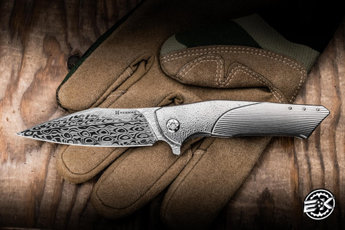 Herman Customs Knives Bee Folding Knife Titanium 3.35" Damasteel Svavner Mirror Polished