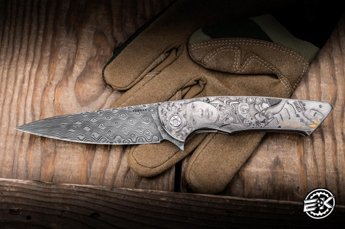 Herman Custom Knives Slim Folding Knife "Club 27 Jimi Hendrix" Titanium/24K Gold Accents 3.74" Damascus Damasteel Rose